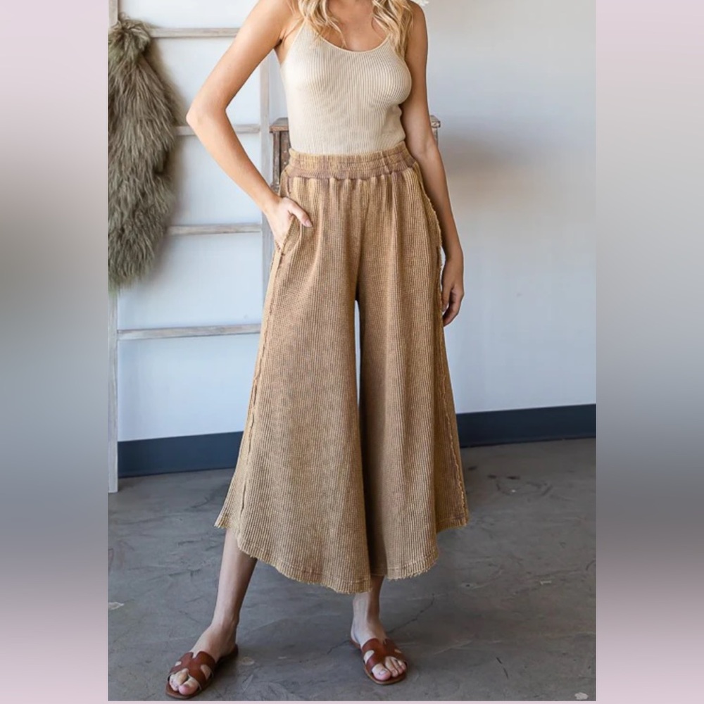 New Oli & Hali Mineral Washed Wide Leg Crop Pants Mocha Size Large